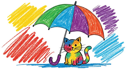 Naklejka premium Cute Rainbow Cat Under Colorful Umbrella Crayon Drawing