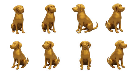 Fototapeta premium golden dog statues sitting in various poses against a clean white background art or design illustrations