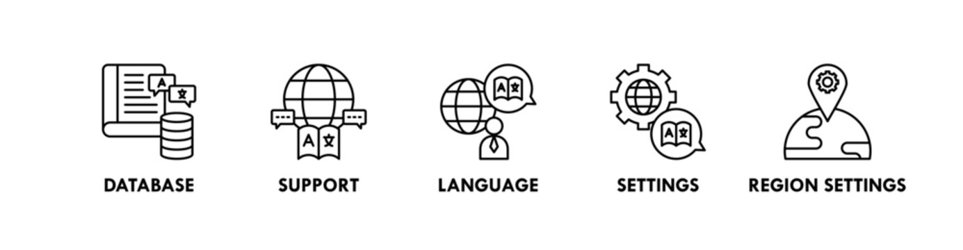 Localization banner web icon illustration concept with icon of database, support, language, settings, and region settings