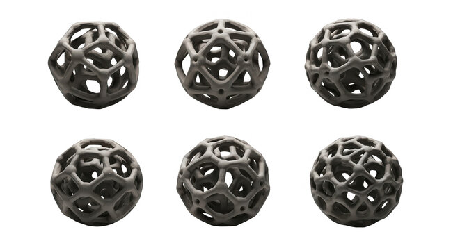 six abstract openwork spheres in various positions against a clean white background for use in design concepts