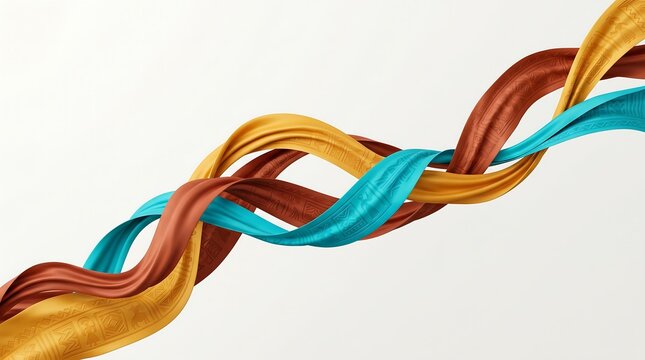 Luxury abstract background featuring intertwined 3D ribbons in terracotta, gold, and turquoise with embossed ethnic folk patterns. Minimalist elegant composition with copy space over a clean white bac