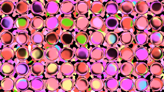 Vibrant fuchsia, hot pink, and magenta candy glass bubbles arranged over a crimson and chartreuse fluid abstract background, glossy 3D spheres