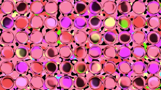 Seamless looping animation of fuchsia, magenta, and hot pink candy glass bubbles arranged in a grid over a fluid chartreuse background, 3D spheres