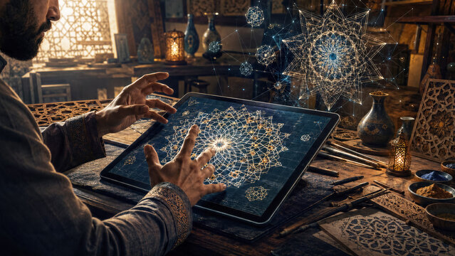 Artisan designing traditional patterns on tablet translating hand gestures into complex mathematical tessellations