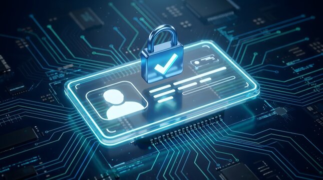 Cyber Security Concept showing Secure ID Card and Padlock on Microchip