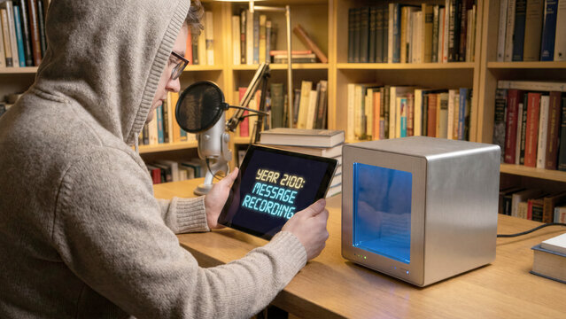Person recording video message for year 2100 stored in a futuristic durable digital archive box