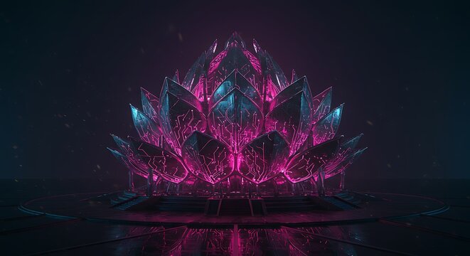 Renderiza&ccedil;&atilde;o abstrata em 3D de uma flor de l&oacute;tus com p&eacute;talas brilhantes contra um fundo escuro.