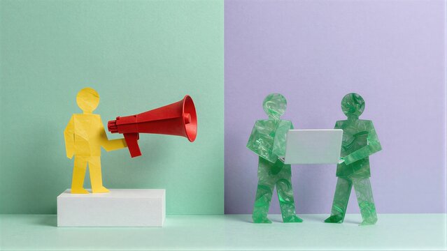 Paper cutouts show one person shouting with a megaphone, while two others use laptops.