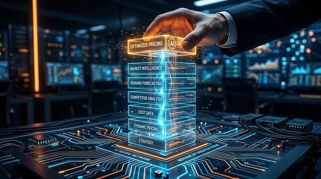 Hand interacting with a futuristic 3D hologram of an AI neural network for optimized pricing, demand forecasting, and market intelligence strategy.
