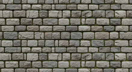 Fototapeta premium Stone wall texture with grey rectangular blocks and green moss growing between joints for architectural building exterior background surface