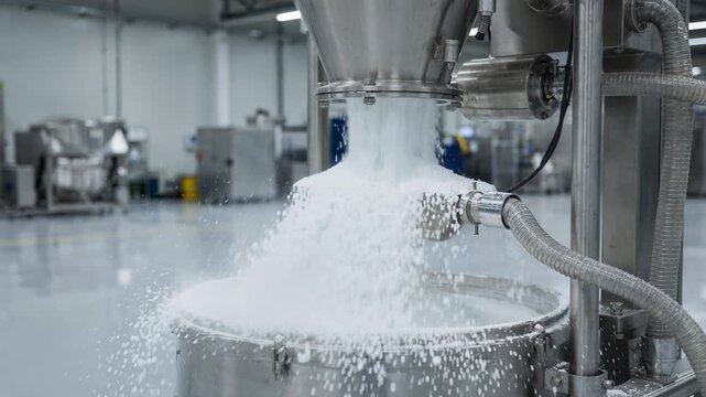 Medium shot of a jet mill dispersing titanium dioxide pigment particles showcasing the highspeed air stream refining powders with precision and efficiency in a clean production