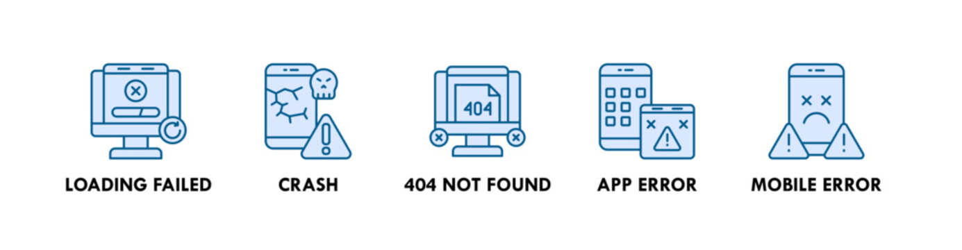 Error Pages banner web icon illustration concept with icon of loading failed, crash, 404 not found, app error, and mobile error