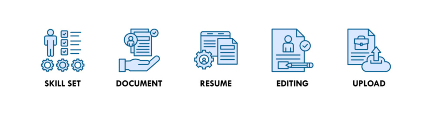 Curriculum Vitae banner web icon illustration concept with icon of skill set, document, resume, editing, and upload