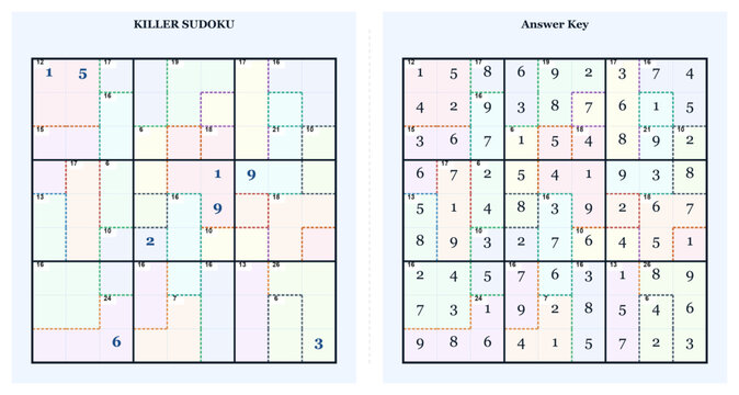 Killer Sudoku puzzle layout with answer key on white background  