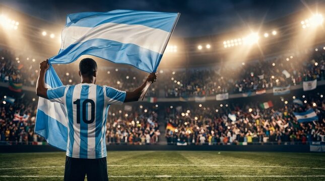 Football player from behind waving Argentina flag in a crowded arena.
