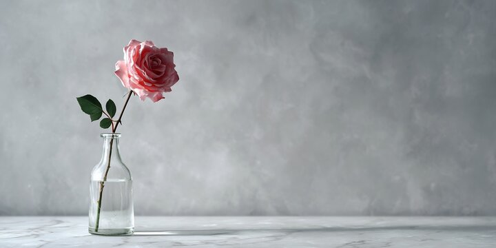 Minimalist setup of single rose white glass vase plain gray marble background soft natural daylight pouring side high magnification 200mm macro lens calm serene mood artistic style subtle bokeh high