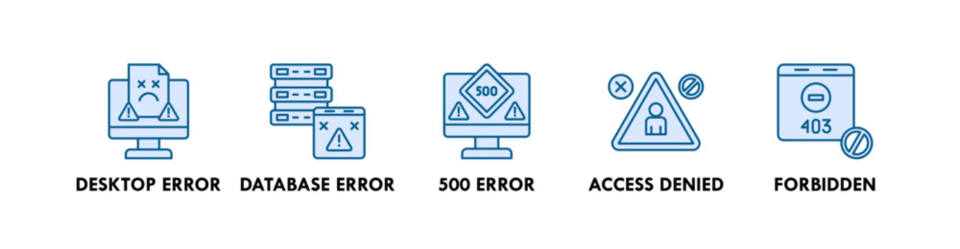 Error Pages banner web icon illustration concept with icon of desktop, database, 500 error, access denied, and forbidden