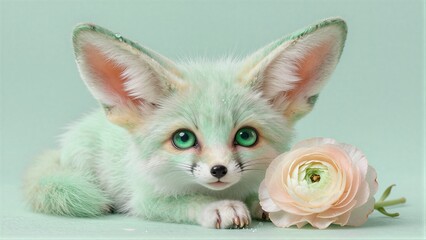 Fototapeta premium Cute mint fox with green eyes, beside a soft pink flower.