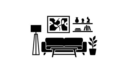 Fototapeta premium Minimalist Living Room Interior Icon with Sofa and Furniture Silhouette