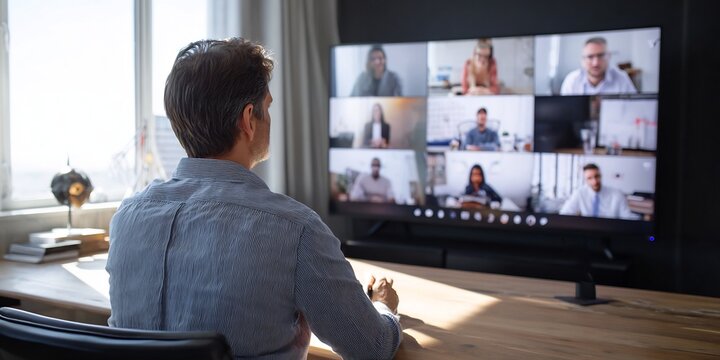 Businessman video conferencing call colleague worldwide 50 inch 4K curved LED screen state of art minimalist modern home office dramatic daylight high contrast cinematic low key lighting extreme wide