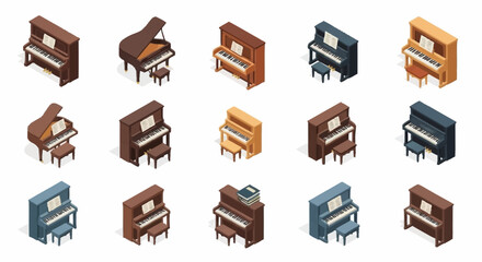 Collection of isometric pianos in various colors and styles, including grand and upright models, perfect for music-related designs. © Agus