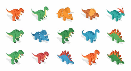 Collection of colorful cartoon dinosaurs in isometric view, perfect for children's illustrations and educational materials. © Agus