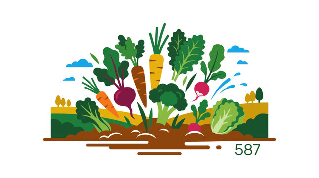 Assorted fresh vegetables growing in rich organic soil.