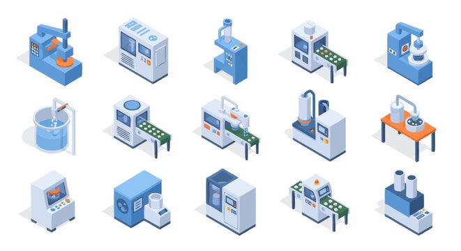Collection of isometric industrial machines and equipment for manufacturing processes.