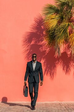 Gently swaying palm tree background executive stylish black business suit confidently stride forward towards camera confident smile briefcase hand against vibrant coral stone colored wall during
