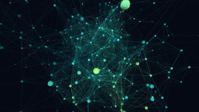 Cinematic 4K seamless loop of a glowing thermal neural network of sphere nodes firing and connecting in a seamless plexus drifting in hypnotic slow motion.