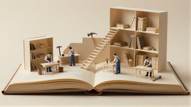 Mini workers build bookshelf world within open, illustrated storybook pages.