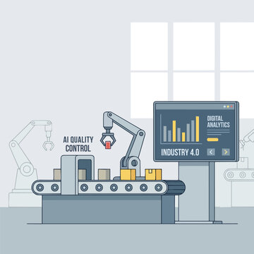 Smart factory production process featuring robotic automation conveyor system and real time analytics platform
