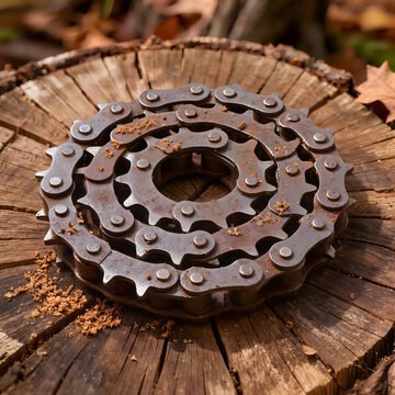 Coiled Rusty Chainsaw Chain on Tree Stump