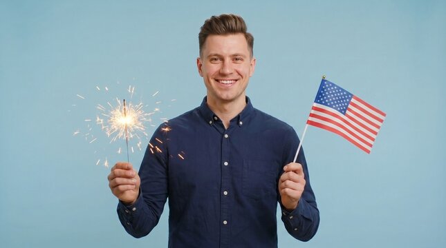 Young adult man holding lit sparkler in left hand and small American flag in right hand on soft blue background, patriotic 4th of July portrait celebrating Independence Day, freedom and national pride
