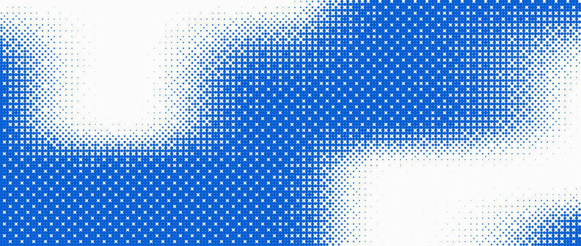 Retro bitmap halftone wave background with pixel dots. Abstract grainy blue texture. Retro pixel art, glitch dither pattern. Retro glitch print overlay texture. Eps10