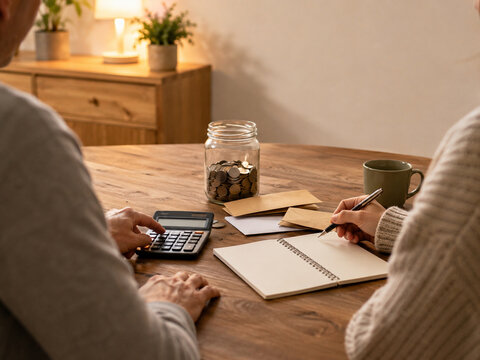 Couple planning household budget with savings jar and calculator