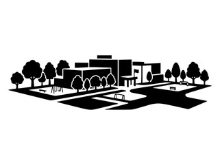 Obraz premium Silhouette of a Modern School Building with Playground and Trees
