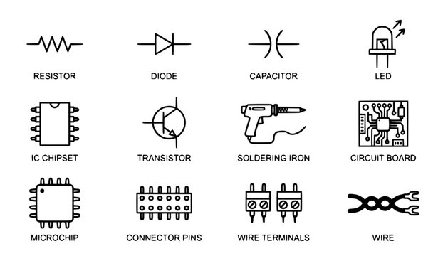 Electronic Components Outline Icon Set with Schematic Symbols, Resistor, Diode, Microchip, Circuit Board, Soldering Iron, and Hardware Engineering Vectors