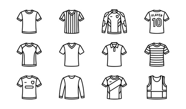 Soccer Jersey Outline Icon Set with Football Shirts, Sportswear T-Shirts, Long Sleeve Uniforms, and Athletic Apparel Templates for Graphic Design