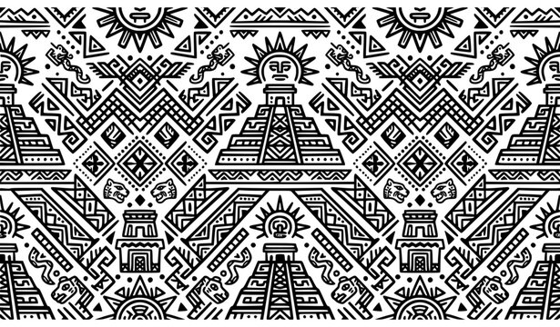 Aztec Seamless Pattern with Mayan Pyramids, Ancient Mexican Tribal Deities, Totem Sun Symbols, and Intricate Indigenous Geometric Line Art Textures