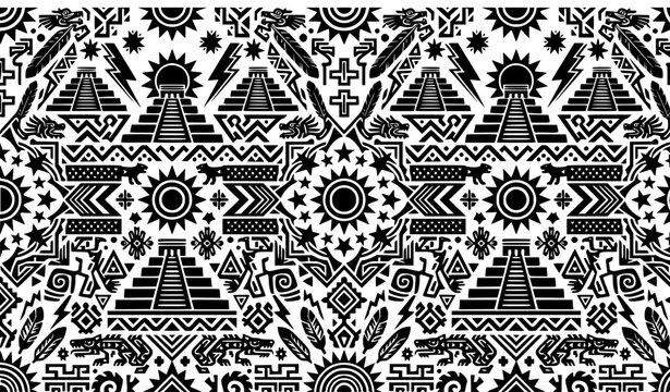 Aztec Seamless Pattern with Mayan Pyramids, Ancient Mexican Tribal Sun Symbols, Native Warriors, and Intricate Indigenous Geometric Line Art Textures
