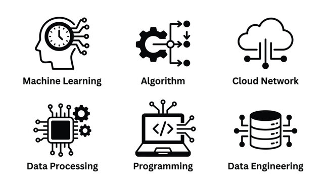 Black and white line icons of machine learning, algorithm, cloud network, data processing, programmability, and data intelligence Vector, illustration