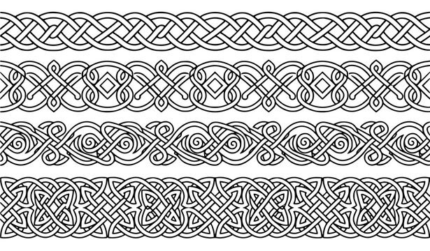 Celtic Knot Seamless Borders Pack with Ancient Norse Interlacing Patterns and Medieval Ribbon Trims for Vintage Frames, Edges, and Graphic Designs