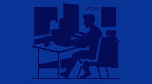 Silhouette of person working on computer at desk with multiple monitors in dark room