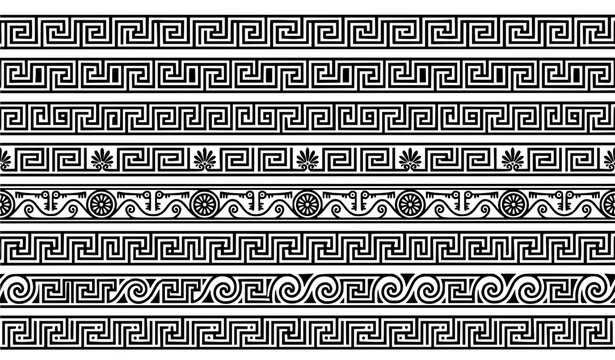 Greek Key Seamless Borders Set with Ancient Roman Meander Patterns and Wave Ornaments for Frames, Edges, and Classic Graphic Designs