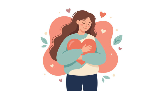 Self Care Concept Illustration with Young Woman Hugging Large Red Heart for Mental Wellness