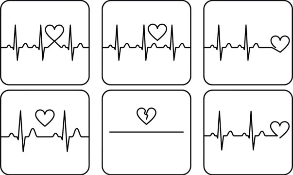 Medical cardiogram heartbeat line icons set with heart shape and broken flatline pulse vector illustration isolated on white background minimalist outline design