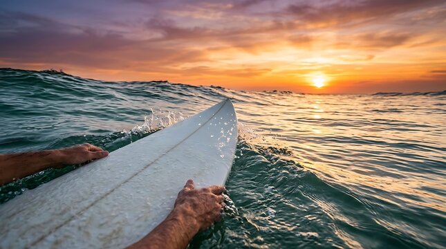 Surfer point of view paddling white surfboard into sunset waves