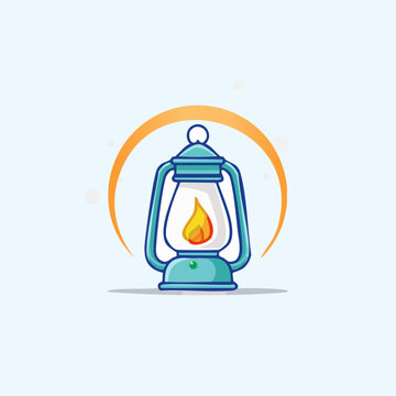 Vintage kerosene lantern with a glowing flame inside a semi-circle.