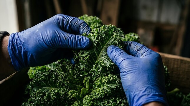 Worker sorting fresh green kale while wearing blue gloves